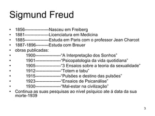 Sigmund Freud
•   1856-----------------Nasceu em Freiberg
•   1881-----------------Licenciatura em Medicina
•   1885-----------------Estuda em Paris com o professor Jean Charcot
•   1887-1896---------Estuda com Breuer
•   obras publicadas:
•        1900------------------“A Interpretação dos Sonhos”
•        1901------------------“Psicopatologia da vida quotidiana”
•        1905------------------“3 Ensaios sobre a teoria da sexualidade”
•        1912------------------“Totem e tabu”
•        1915------------------“Pulsões e destino das pulsões”
•        1923------------------“Ensaios de Psicanálise”
•        1930------------------“Mal-estar na civilização”
•   Continua as suas pesquisas ao nível psíquico ate á data da sua
    morte-1939

                                                                           3
 