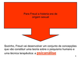 Para Freud a histeria era de
                     origem sexual




Sozinho, Freud vai desenvolver um conjunto de concepções
que vão constituir uma teoria sobre o psiquismo humano e
uma técnica terapêutica: a psicanálise
                                                      6
 