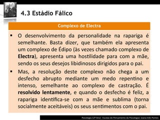  	
  	
  




       4.3 Estádio Fálico
                               Complexo de Electra
	
  




§  O	
   desenvolvimento	
   da	
   personalidade	
   na	
   rapariga	
   é	
  
    semelhante.	
   Basta	
   dizer,	
   que	
   também	
   ela	
   apresenta	
  
    um	
  complexo	
  de	
  Édipo	
  (às	
  vezes	
  chamado	
  complexo	
  de	
  
    Electra),	
   apresenta	
   uma	
   hos@lidade	
   para	
   com	
   a	
   mãe,	
  
    sendo	
  os	
  seus	
  desejos	
  libidinosos	
  dirigidos	
  para	
  o	
  pai.	
  	
  
§  Mas,	
   a	
   resolução	
   deste	
   complexo	
   não	
   chega	
   a	
   um	
  
    desfecho	
   abrupto	
   mediante	
   um	
   medo	
   repen@no	
   e	
  
    intenso,	
   semelhante	
   ao	
   complexo	
   de	
   castração.	
   É	
  
    resolvido	
   lentamente,	
   e	
   quando	
   o	
   desfecho	
   é	
   feliz,	
   a	
  
    rapariga	
   iden@ﬁca-­‐se	
   com	
   a	
   mãe	
   e	
   sublima	
   (torna	
  
    socialmente	
  aceitáveis)	
  os	
  seus	
  sen@mentos	
  com	
  o	
  pai.	
  	
  
                                                            Psicologia	
  12º	
  Ano|	
  	
  Escolas	
  do	
  Pensamento	
  da	
  Psicologia|	
  Joana	
  Inês	
  Pontes	
  
 