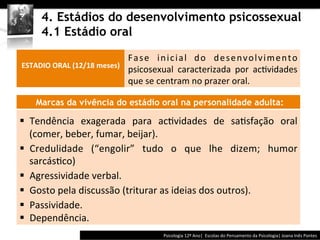  	
  	
  


               4. Estádios do desenvolvimento psicossexual
               4.1 Estádio oral
                          	
  
                                                   F a s e	
   i n i c i a l	
   d o	
   d e s e n v o l v i m e n t o	
  
       ESTADIO	
  ORAL	
  (12/18	
  meses)	
  	
  
                                                   psicosexual	
   caracterizada	
   por	
   ac@vidades	
  
                                                   que	
  se	
  centram	
  no	
  prazer	
  oral.	
  	
  

            Marcas da vivência do estádio oral na personalidade adulta:
	
  




§  Tendência	
   exagerada	
   para	
   ac@vidades	
   de	
   sa@sfação	
   oral	
  
    (comer,	
  beber,	
  fumar,	
  beijar).	
  
§  Credulidade	
   (“engolir”	
   tudo	
   o	
   que	
   lhe	
   dizem;	
   humor	
  
    sarcás@co)	
  
§  Agressividade	
  verbal.	
  
§  Gosto	
  pela	
  discussão	
  (triturar	
  as	
  ideias	
  dos	
  outros).	
  
§  Passividade.	
  
§  Dependência.	
  	
  
                                                                              Psicologia	
  12º	
  Ano|	
  	
  Escolas	
  do	
  Pensamento	
  da	
  Psicologia|	
  Joana	
  Inês	
  Pontes	
  
 