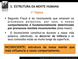  	
  	
  




       3. ESTRUTURA DA MENTE HUMANA
                       1ª Tópica

§  Segundo Freud é do inconsciente que emanam os
    processos psíquicos, por isso, o nosso
    comportamento é fundamentalmente determinado
    por processos mentais inconscientes (área maior).
§      O inconsciente constitui-se durante a nossa vida
      psíquica, sobretudo, no decorrer da infância e os
      seus conteúdos estão ao muito longe da superfície.

INCONSCIENTE: estrutura da nossa mente que
mais influencia o nosso comportamento.

                                            Psicologia	
  12º	
  Ano|	
  	
  Escolas	
  do	
  Pensamento	
  da	
  Psicologia|	
  Joana	
  Inês	
  Pontes	
  
 