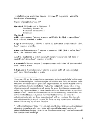 9
3 students were absent that day, so I received 19 responses. Here is the
breakdown of the survey:
Number of completed surveys: 194
Question 1: Civilization and its Discontents: 2
Introductory Lectures: 11
Civilization and Lectures: 2
No answer:
Question 2:
a. id-4 correct answers, 7 attempts to answer and 10 either left blank or marked I don’t
know or I don’t remember or no idea
b. ego- 6 correct answers, 2 attempts to answer and 11 left blank or marked I don’t know,
I don’t remember or no idea
c. superego-2 correct answers, 7 attempts to answer and 10 left blank or marked I don’t
know, I don’t remember or no idea
d. defense mechanisms-2 correct answers,15 attempts to answer and 2 left blank or
marked I don’t know, I don’t remember or no idea
e. repression5-10 correct answers, 5 attempts to answer and 4 either left blank or marked
I don’t know or no idea
f. displacement-4 correct answers, 7 attempts to answer, and 8 left blank or marked I
don’t know, I don’t remember or no idea
4 It appeared from the survey that the majority of students woefully lacked the most
basic tools to recognize Freudian thought: vocabulary. How could this be? I do know
that some professors do not spend time on given terms, but expect students to look
them up themselves. Some students rely heavily on Spark Notes and other college
short cut material. Most students will ignore the terms that these services provide
unless they figure they need to know them for an exam: these students are products
of the No Child Left Behind obsession with standardized testing. Some students did
not understand Freud at all, so it is expected that they would not know the
definitions to given terms. Some students simply will not read, and skim through
much of the reading in Mosaic classes. But these are only suppositions, as I did no
research to back up any of these thoughts.
5 I will opine that many knew repression along with libido and unconscious because
of various pop culture references along with general daily speech patterns. I
personally believe that pop culture is our friend when teaching Freud and we should
use it to our fullest advantage.
 