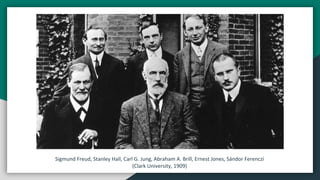 Sigmund Freud, Stanley Hall, Carl G. Jung, Abraham A. Brill, Ernest Jones, Sándor Ferenczi
(Clark University, 1909)
 