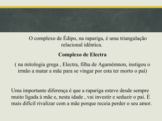 O complexo de Édipo, na rapariga, é uma triangulação
relacional idêntica.
Complexo de Electra
( na mitologia grega , Electra, filha de Agamémnon, instigou o
irmão a matar a mãe para se vingar por esta ter morto o pai)

Uma importante diferença é que a rapariga esteve desde sempre
muito ligada à mãe e, nesta idade , vai investir e seduzir o pai. É
mais difícil rivalizar com a mãe porque receia perder o seu amor.

 