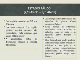 ESTÁDIO FÁLICO
(2/3 ANOS – 5/6 ANOS)
 Este estádio decorre dos 2/3 aos
5/6 anos.
 A zona erógena é a região
genital: órgãos sexuais são
estimulados pela criança, que
assim obtém prazer.
A
curiosidade
sobre
as
diferenças sexuais é grande
nesta fase.

• As crianças estão interessadas em
questões do género: Como
nascem os bebés;
• Estão atentas às diferenças
anatómicas entre os sexos, às
relações entre os pais e às
relações
entre
homens
e
mulheres;
• têm brincadeiras onde explorar
estes interesses, como brincar aos
médicos e aos pais e ás
mães( alguns comportamentos
exibicionistas e “voyeuristas”
[espreitar] podem surgir nesta
idade.)

 