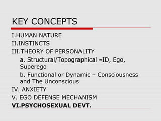 KEY CONCEPTS
I.HUMAN NATURE
II.INSTINCTS
III.THEORY OF PERSONALITY
a. Structural/Topographical –ID, Ego,
Superego
b. Functional or Dynamic – Consciousness
and The Unconscious
IV. ANXIETY
V. EGO DEFENSE MECHANISM
VI.PSYCHOSEXUAL DEVT.
 