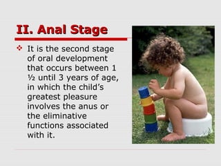 II. Anal StageII. Anal Stage
 It is the second stage
of oral development
that occurs between 1
½ until 3 years of age,
in which the child’s
greatest pleasure
involves the anus or
the eliminative
functions associated
with it.
 