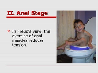 II. Anal StageII. Anal Stage
 In Freud’s view, the
exercise of anal
muscles reduces
tension.
 