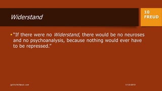 10
FREUDWiderstand
 “If there were no Widerstand, there would be no neuroses
and no psychoanalysis, because nothing would ever have
to be repressed.”
1/13/2015jgillis767@aol.com
 