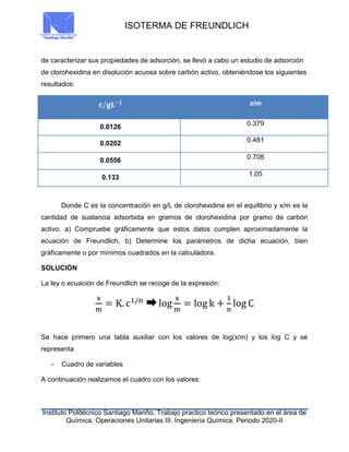 ISOTERMA DE FREUNDLICH
Instituto Politécnico Santiago Mariño. Trabajo practico teórico presentado en el área de
Química. Operaciones Unitarias III. Ingeniería Química. Periodo 2020-II
de caracterizar sus propiedades de adsorción, se llevó a cabo un estudio de adsorción
de clorohexidina en disolución acuosa sobre carbón activo, obteniéndose los siguientes
resultados:
Donde C es la concentración en g/L de clorohexidina en el equilibrio y x/m es la
cantidad de sustancia adsorbida en gramos de clorohexidina por gramo de carbón
activo. a) Compruebe gráficamente que estos datos cumplen aproximadamente la
ecuación de Freundlich. b) Determine los parámetros de dicha ecuación, bien
gráficamente o por mínimos cuadrados en la calculadora.
SOLUCIÓN
La ley o ecuación de Freundlich se recoge de la expresión:
x
m
= K. c1/n
log
x
m
= log k +
1
n
log C
Se hace primero una tabla auxiliar con los valores de log(x/m) y los log C y se
representa
- Cuadro de variables
A continuación realizamos el cuadro con los valores:
𝐜/𝐠𝐋−𝟏 x/m
0.0126
0.379
0.0202
0.481
0.0556
0.708
0.133
1.05
 