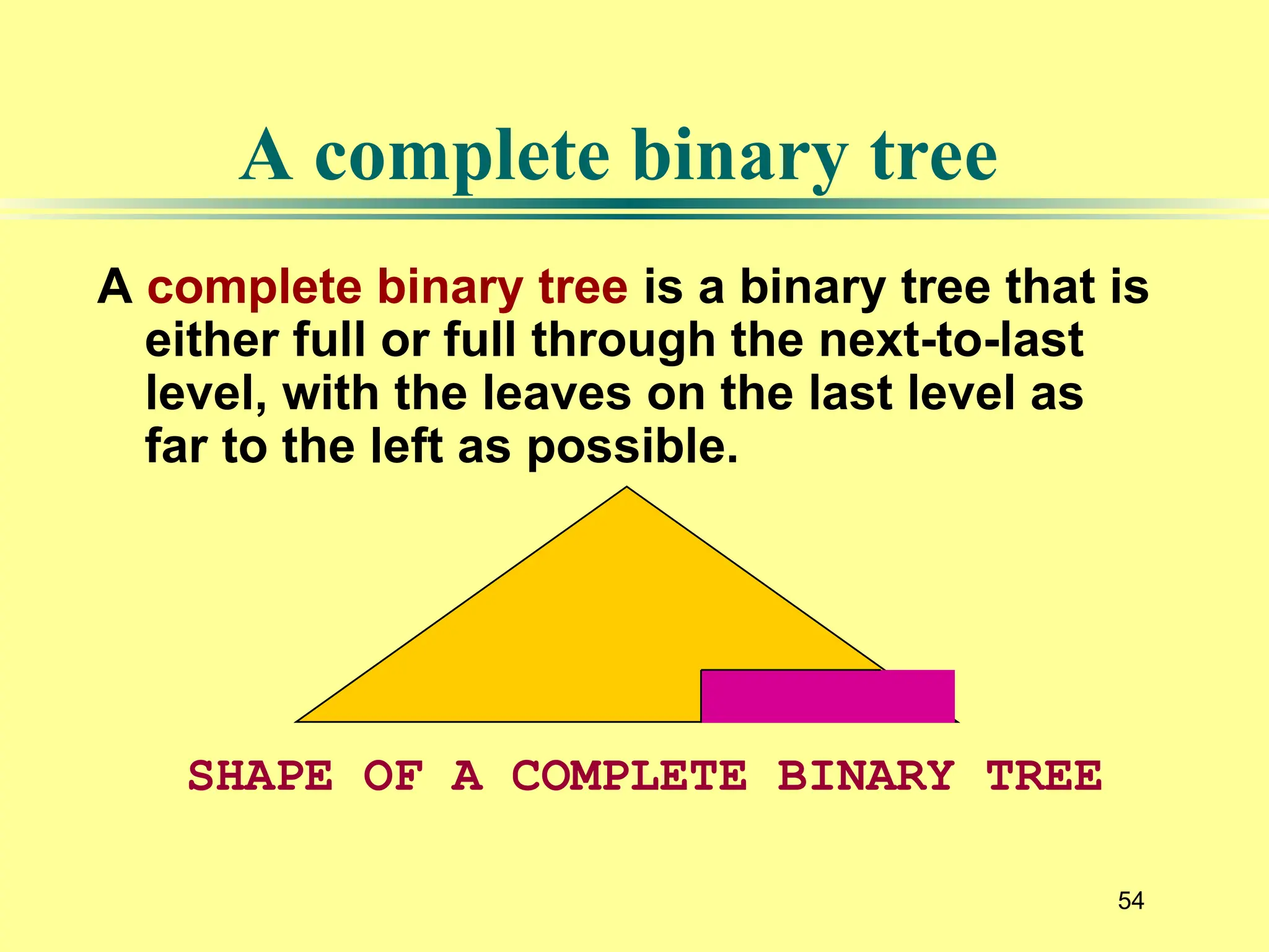 54
A complete binary tree
A complete binary tree is a binary tree that is
either full or full through the next-to-last
level, with the leaves on the last level as
far to the left as possible.
SHAPE OF A COMPLETE BINARY TREE
 