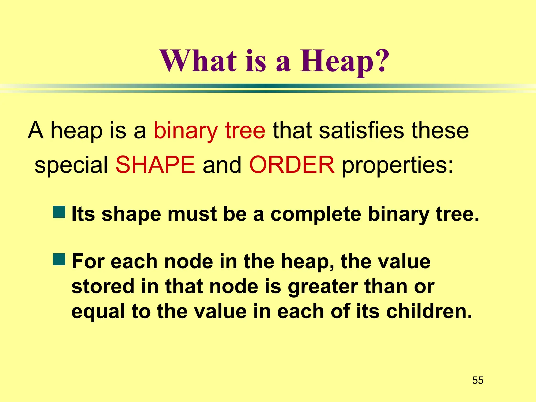 55
What is a Heap?
A heap is a binary tree that satisfies these
special SHAPE and ORDER properties:
 Its shape must be a complete binary tree.
 For each node in the heap, the value
stored in that node is greater than or
equal to the value in each of its children.
 