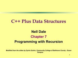 1
C++ Plus Data Structures
Nell Dale
Chapter 7
Programming with Recursion
Modified from the slides by Sylvia Sorkin, Community College of Baltimore County - Essex
Campus
 