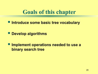 20
 Introduce some basic tree vocabulary
 Develop algorithms
 Implement operations needed to use a
binary search tree
Goals of this chapter
 