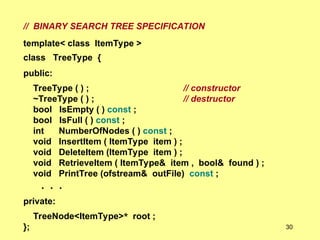 // BINARY SEARCH TREE SPECIFICATION
template< class ItemType >
class TreeType {
public:
TreeType ( ) ; // constructor
~TreeType ( ) ; // destructor
bool IsEmpty ( ) const ;
bool IsFull ( ) const ;
int NumberOfNodes ( ) const ;
void InsertItem ( ItemType item ) ;
void DeleteItem (ItemType item ) ;
void RetrieveItem ( ItemType& item , bool& found ) ;
void PrintTree (ofstream& outFile) const ;
. . .
private:
TreeNode<ItemType>* root ;
}; 30
 