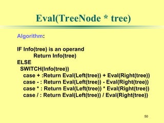 50
Eval(TreeNode * tree)
Algorithm:
IF Info(tree) is an operand
Return Info(tree)
ELSE
SWITCH(Info(tree))
case + :Return Eval(Left(tree)) + Eval(Right(tree))
case - : Return Eval(Left(tree)) - Eval(Right(tree))
case * : Return Eval(Left(tree)) * Eval(Right(tree))
case / : Return Eval(Left(tree)) / Eval(Right(tree))
 