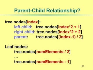 57
Parent-Child Relationship?
tree.nodes[index]:
left child: tree.nodes[index*2 + 1]
right child: tree.nodes[index*2 + 2]
parent: tree.nodes[(index-1) / 2]
Leaf nodes:
tree.nodes[numElements / 2]
…
tree.nodes[numElements - 1]
 