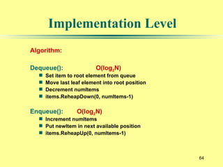 Implementation Level
Algorithm:
Dequeue(): O(log2N)
 Set item to root element from queue
 Move last leaf element into root position
 Decrement numItems
 items.ReheapDown(0, numItems-1)
Enqueue(): O(log2N)
 Increment numItems
 Put newItem in next available position
 items.ReheapUp(0, numItems-1)
64
 