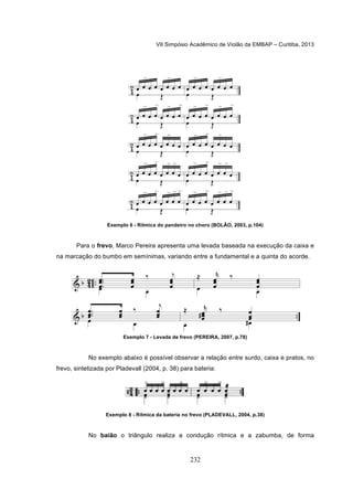 VII Simpósio Acadêmico de Violão da EMBAP – Curitiba, 2013
232
Exemplo 6 - Rítmica do pandeiro no choro (BOLÃO, 2003, p.104)
Para o frevo, Marco Pereira apresenta uma levada baseada na execução da caixa e
na marcação do bumbo em semínimas, variando entre a fundamental e a quinta do acorde.
Exemplo 7 - Levada de frevo (PEREIRA, 2007, p.78)
No exemplo abaixo é possível observar a relação entre surdo, caixa e pratos, no
frevo, sintetizada por Pladevall (2004, p. 38) para bateria:
Exemplo 8 - Rítmica da bateria no frevo (PLADEVALL, 2004, p.38)
No baião o triângulo realiza a condução rítmica e a zabumba, de forma
 