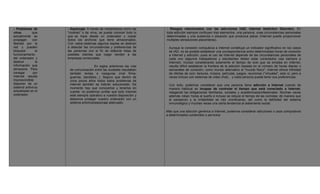 - Problemas de
virus, que
actualmente se
propagan con
libertad por la
red y pueden
bloquear el
funcionamiento
del ordenador y
destruir la
información que
almacena. Para
navegar por
Internet resulta
imprescindible
disponer de un
sistema antivirus
actualizado en el
ordenador.
- Espionaje. A través de mecanismos como las
"cookies" o de virus, se puede conocer todo lo
que se hace desde un ordenador y copiar
todos los archivos que tiene almacenados.
Con estos sistemas algunos espías se dedican
a detectar las circunstancias y preferencias de
las personas con el fin de elaborar listas de
posibles clientes que luego venden a las
empresas comerciales.
En siglos anteriores las vías
de comunicación entre las ciudades resultaban
también lentas e inseguras (mal firme,
guerras, bandidos...). Seguro que dentro de
unos pocos años todos estos problemas de
Internet también se habrán solucionado. De
momento hay que conocerlos y tenerlos en
cuenta: no podemos confiar que todo Internet
esté siempre operativo a nuestra disposición y
debemos proteger nuestro ordenador con un
sistema antivirus/espionaje adecuado.
- Riesgos relacionados con las adicciones (IAD, Internet Addiction Disorder). En
toda adicción siempre confluyen tres elementos: una persona, unas circunstancias personales
determinadas y una sustancia o situación que produzca placer (Internet puede proporcionar
múltiples sensaciones placenteras).
Aunque la conexión compulsiva a Internet constituye un indicador significativo en los casos
de IAD, no es posible establecer una correspondencia entre determinadas horas de conexión
a Internet y adicción, pues el uso de Internet depende de las circunstancias personales de
cada uno (algunos trabajadores y estudiantes deben estar conectados casi siempre a
Internet). Incluso considerando solamente el tiempo de ocio que se emplea en Internet,
resulta difícil establecer la frontera de la adicción basada en el número de horas diarias o
semanales de conexión; como mundo alternativo al "mundo físico", Internet ofrece infinidad
de ofertas de ocio: lecturas, música, películas, juegos, reuniones ("virtuales", esto sí, pero a
veces incluso con sistemas de video chat)... y cada persona puede tener sus preferencias.
Con todo, podemos considerar que una persona tiene adicción a Internet cuando de
manera habitual es incapaz de controlar el tiempo que está conectado a Internet,
relegando las obligaciones familiares, sociales y académicas/profesionales. Muchas veces
además roban horas al sueño e incluso se reduce el tiempo de las comidas; de manera que
el cansancio y la irritabilidad se irán cronificando, así como la debilidad del sistema
inmunológico y muchas veces una cierta tendencia al aislamiento social.
Más que una adicción genérica a Internet, podemos considerar adicciones o usos compulsivos
a determinados contenidos o servicios:
 