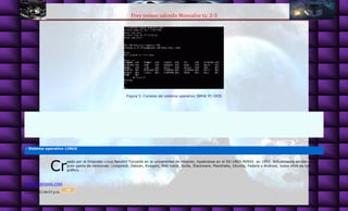 Frey yeison salcedo Monsalve tic 2-3
ETE82828@GMAIL.COM
27/08/2015 04:57 p.m.
19
Figura 5. Consola del sistema operativo IBM® PC-DOS
- Sistema operativo LINUX
eado por el finlandés Linus Bendict Torvalds en la universidad de Helsinki, basándose en el SO UNIX-MINIX en 1991. Actualmente existen una
gran gama de versiones: Linspire®, Debian, Knoppix, Red Hat®, SuSe, Slackware, Mandrake, Ubuntu, Fedora y Android, todos ellos de tipo
gráfico.Cr
 