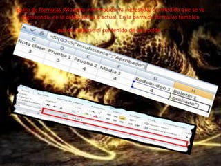 Barra de fórmulas :Muestra información ya ingresada, o a medida que se va
ingresando, en la celda activa o actual. En la barra de fórmulas también
puede editarse el contenido de una celda.
 