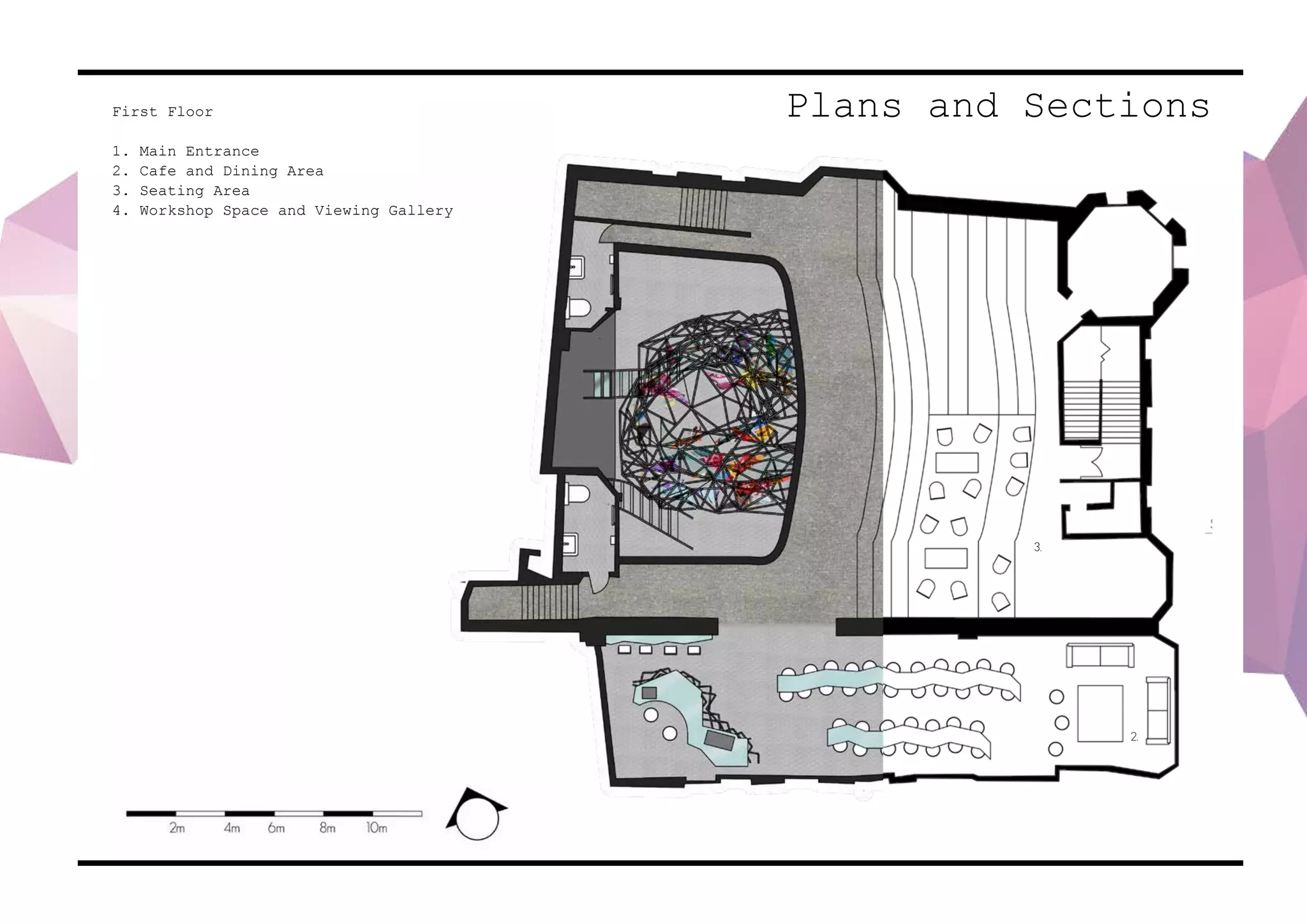 Ground Floor
1. Main Graffiti area with steps to upper levels
2. Professional workshop space with sliding doors
for privacy
1.
2.
Plans and SectionsFirst Floor
1. Main Entrance
2. Cafe and Dining Area
3. Seating Area
4. Workshop Space and Viewing Gallery
First Floor
1. Cafe and Dining area
2. Seating Area.
3. Workshop space and viewing gallery
1.
2.
3.
Plans and Sections
 