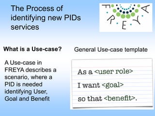 The Process of
identifying new PIDs
services
What is a Use-case?
A Use-case in
FREYA describes a
scenario, where a
PID is needed
identifying User,
Goal and Benefit
General Use-case template
 