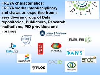 FREYA characteristics:
FREYA works interdisciplinary
and draws on expertise from a
very diverse group of Data
repositories, Publishers, Research
institutions, PID providers and
libraries
 