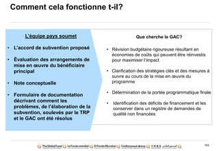 103
Que cherche le GAC?
• Révision budgétaire rigoureuse résultant en
économies de coûts qui peuvent être réinvestis
pour maximiser l‟impact
• Clarification des stratégies clés et des mesures à
suivre au cours de la mise en œuvre du
programme
• Détermination de la portée programmatique finale
• Identification des déficits de financement et les
conserver dans un registre de demandes de
qualité non financées
L‟équipe pays soumet
• L‟accord de subvention proposé
• Évaluation des arrangements de
mise en œuvre du bénéficiaire
principal
• Note conceptuelle
• Formulaire de documentation
décrivant comment les
problèmes, de l‟élaboration de la
subvention, soulevés par le TRP
et le GAC ont été résolus
Comment cela fonctionne t-il?