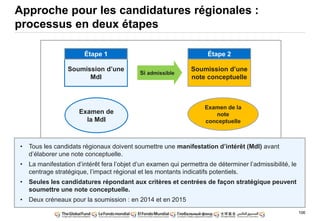 106
Soumission d‟une
MdI
Examen de
la MdI
Soumission d‟une
note conceptuelle
Examen de la
note
conceptuelle
Si admissible
Étape 1 Étape 2
• Tous les candidats régionaux doivent soumettre une manifestation d‟intérêt (MdI) avant
d‟élaborer une note conceptuelle.
• La manifestation d‟intérêt fera l‟objet d‟un examen qui permettra de déterminer l‟admissibilité, le
centrage stratégique, l‟impact régional et les montants indicatifs potentiels.
• Seules les candidatures répondant aux critères et centrées de façon stratégique peuvent
soumettre une note conceptuelle.
• Deux créneaux pour la soumission : en 2014 et en 2015
Approche pour les candidatures régionales :
processus en deux étapes