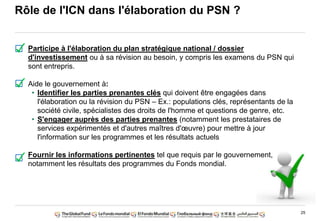 25
Rôle de l'ICN dans l'élaboration du PSN ?
Participe à l'élaboration du plan stratégique national / dossier
d'investissement ou à sa révision au besoin, y compris les examens du PSN qui
sont entrepris.
Aide le gouvernement à:
• Identifier les parties prenantes clés qui doivent être engagées dans
l'élaboration ou la révision du PSN – Ex.: populations clés, représentants de la
société civile, spécialistes des droits de l'homme et questions de genre, etc.
• S'engager auprès des parties prenantes (notamment les prestataires de
services expérimentés et d'autres maîtres d'œuvre) pour mettre à jour
l'information sur les programmes et les résultats actuels
Fournir les informations pertinentes tel que requis par le gouvernement,
notamment les résultats des programmes du Fonds mondial.