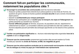32
Comment fait-on participer les communautés,
notamment les populations clés ?
Encourager la concertation des communautés avant les réunions nationales
• S'assurer qu'elles puissent faire entendre leurs préoccupations sur les droits de l'homme, les
questions de genre, l'accès et d'autres questions en toute sécurité et sans craindre d‟éventuelles
répercussions
• Garantir la confidentialité pour chaque participant
• Renforcer leur participation par un soutien pour le transport, les repas et l'hébergement des
parties prenantes qui assistent aux réunions
• Convier différents groupes de femmes, de jeunes, de populations clés etc. séparément et
collectivement au besoin. La concertation collective peut permettre de créer des coalitions, des
réunions séparées peuvent permettre des échanges approfondis sur les besoins et les questions
précis
Faciliter une participation significative ex.: réunions nationales/régionales organisées hors de la
capitale et dans la langue locale
S'assurer que les communautés comprennent quel soutien elles peuvent espérer du Fonds
mondial pour aborder les droits de l'homme, la RSE, les inégalités de genre
S'assurer que les préoccupations soulevées par la communauté sont évoquées et abordées
lors du dialogue au niveau du pays par l‟intermédiaire des représentants
