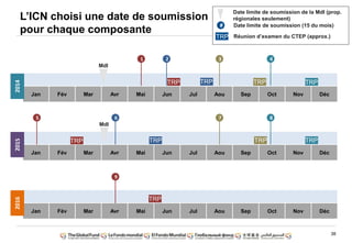 38
L‟ICN choisi une date de soumission
pour chaque composante
Jan Fév Mar Avr Mai Jun Jul Aou Sep Oct Nov Déc
Jan Fév Mar Avr Mai Jun Jul Aou Sep Oct Nov Déc
Jan Fév Mar Avr Mai Jun Jul Aou Sep Oct Nov Déc
1 2 3 4
5 6 7 8
9
201420152016
TRP TRP TRP TRP
TRP TRP TRP TRP
TRP
# Date limite de soumission (15 du mois)
Réunion d‟examen du CTEP (approx.)TRP
Date limite de soumission de la MdI (prop.
régionales seulement)
MdI
MdI