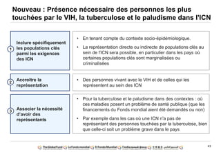 43
Nouveau : Présence nécessaire des personnes les plus
touchées par le VIH, la tuberculose et le paludisme dans l'ICN
• Pour la tuberculose et le paludisme dans des contextes : où
ces maladies posent un problème de santé publique (que les
financements du Fonds mondial aient été demandés ou non)
• Par exemple dans les cas où une ICN n'a pas de
représentant des personnes touchées par la tuberculose, bien
que celle-ci soit un problème grave dans le pays
• Des personnes vivant avec le VIH et de celles qui les
représentent au sein des ICN
• En tenant compte du contexte socio-épidémiologique.
• La représentation directe ou indirecte de populations clés au
sein de l'ICN sera possible, en particulier dans les pays où
certaines populations clés sont marginalisées ou
criminalisées
Inclure spécifiquement
les populations clés
parmi les exigences
des ICN
1
Accroître la
représentation
2
Associer la nécessité
d‟avoir des
représentants
3