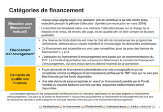 8
Allocation pays
(financement
indicatif)
• Une réserve de fonds distincte est mise de côté afin de récompenser les programmes
performants, démontrant un impact important et d‟encourager les demandes ambitieuses
• Ce financement est accessible sur une base compétitive, pour les pays des bandes de
financement 1, 2 et 3
• L‟attribution du financement d‟encouragement sera basée sur les recommandations du
TRP. Le Comité d‟approbation des subventions déterminera le montant de financement
d‟encouragement, qui sera inclus dans le plafond maximal de la subvention
Financement
d‟encouragement*
• Toute demande de financement présentée dans la note conceptuelle et qui est
considérée comme stratégique et techniquement justifiée par le TRP mais qui ne peut pas
être financée par les fonds disponibles
• Une telle demande sera enregistrée en vue d‟un financement possible par le Fonds
mondial ou d‟autres bailleurs une fois que des ressources additionnelles seront
disponibles
Demande de
qualité non
financée
* Les candidats régionaux et les composantes bénéficiant d’une sur-allocation significative ne sont pas éligibles au financement
d’encouragement. Les pays de la bande de financement 4 ne pourront pas prétendre au financement d’encouragement dès lors que
les ressources allouées à cette catégorie ne sont pas réparties entre les pays et le financement d’encouragement.
• Chaque pays éligible reçoit une allocation afin de contribuer à sa lutte contre la/les
maladie/s pendant la période d‟allocation donnée (communication en mars 2014)
• Le montant est déterminé selon une méthode d‟allocation basée sur la charge de la
maladie et le niveau de revenu des pays, et est ajustée afin de tenir compte de facteurs
qualitatifs
Catégories de financement