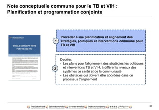 82
Decrire:
- Les plans pour l'alignement des stratégies les politiques
et interventions TB et VIH, à différents niveaux des
systèmes de santé et de la communauté
- Les obstacles qui doivent être abordées dans ce
processus d'alignement
Procéder à une planification et alignement des
stratégies, politiques et interventions commune pour
TB et VIH
1
2
Note conceptuelle commune pour le TB et VIH :
Planification et programmation conjointe