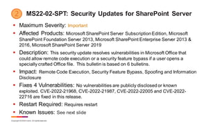 Copyright © 2022 Ivanti. All rightsreserved.
MS22-02-SPT: Security Updates for SharePoint Server
▪ Maximum Severity: Impor...
