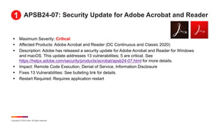 Copyright © 2024 Ivanti. All rights reserved.
APSB24-07: Security Update for Adobe Acrobat and Reader
§ Maximum Severity: Critical
§ Affected Products: Adobe Acrobat and Reader (DC Continuous and Classic 2020)
§ Description: Adobe has released a security update for Adobe Acrobat and Reader for Windows
and macOS. This update addresses 13 vulnerabilities; 5 are critical. See
https://helpx.adobe.com/security/products/acrobat/apsb24-07.html for more details.
§ Impact: Remote Code Execution, Denial of Service, Information Disclosure
§ Fixes 13 Vulnerabilities: See bulleting link for details.
§ Restart Required: Requires application restart
1
 