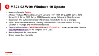 Copyright © 2024 Ivanti. All rights reserved. 18
MS24-02-W10: Windows 10 Update
§ Maximum Severity: Critical
§ Affected Products: Microsoft Windows 10 Versions 1607, 1809, 21H2, 22H2, Server 2016,
Server 2019, Server 2022, Server 2022 Datacenter: Azure Edition and Edge Chromium
§ Description: This bulletin references 6 KB articles. See KBs for the list of changes.
§ Impact: Remote Code Execution, Security Feature Bypass, Denial of Service, Spoofing,
Elevation of Privilege, and Information Disclosure
§ Fixes 44 Vulnerabilities: CVE-2024-21351 and CVE-2024-21412 are known exploited. See the
Security Update Guide for the complete list of CVEs.
§ Restart Required: Requires restart
§ Known Issues: See next slide
1
 
