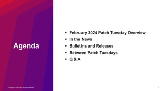 Copyright © 2024 Ivanti. All rights reserved. 2
Agenda
§ February 2024 Patch Tuesday Overview
§ In the News
§ Bulletins and Releases
§ Between Patch Tuesdays
§ Q & A
 