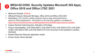 Copyright © 2024 Ivanti. All rights reserved. 22
§ Maximum Severity: Critical
§ Affected Products: Microsoft 365 Apps, Office 2019 and Office LTSC 2021
§ Description: This month’s update resolved various bugs and performance
issues in Office applications. Information on the security updates is available at
https://docs.microsoft.com/en-us/officeupdates/microsoft365-apps-security-updates.
§ Impact: Remote Code Execution, Elevation of Privilege
§ Fixes 6 Vulnerabilities: CVE-2024-20673, CVE-2024-21378, CVE-2024-21379, CVE-2024-
21384, CVE-2024-21402, and CVE-2024-21413 are not known to be exploited or publicly
disclosed
§ Restart Required: Requires application restart
§ Known Issues: None reported
MS24-02-O365: Security Updates Microsoft 365 Apps,
Office 2019 and Office LTSC 2021
1
 