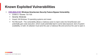 Copyright © 2024 Ivanti. All rights reserved. 6
§ CVE-2024-21351 Windows Smartscreen Security Feature Bypass Vulnerability
§ CVSS 3.1 Scores: 7.6 / 6.6
§ Severity: Moderate
§ Impact: All Windows 10 operating systems and newer
§ Per Microsoft – The vulnerability allows a malicious actor to inject code into SmartScreen and
potentially gain code execution, which could potentially lead to some data exposure, lack of system
availability, or both. An attacker must send the user a malicious file and convince the user to open it.
Known Exploited Vulnerabilities
 