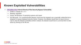 Copyright © 2024 Ivanti. All rights reserved. 7
§ CVE-2024-21412 Internet Shortcut Files Security Bypass Vulnerability
§ CVSS 3.1 Scores: 8.1 / 7.1
§ Severity: Important
§ Impact: All Windows 10 operating systems and newer
§ Per Microsoft – An unauthenticated attacker could send the targeted user a specially crafted file that is
designed to bypass displayed security checks. However, the attacker would have no way to force a
user to view the attacker-controlled content. Instead, the attacker would have to convince them to take
action by clicking on the file link.
Known Exploited Vulnerabilities
 