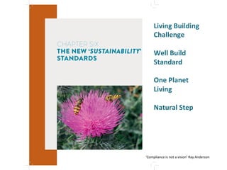 CHAPTER SIX
THE NEW ‘SUSTAINABILITY’
STANDARDS
Living"Building"
Challenge"
"
Well"Build"
Standard"
"
One"Planet"
Living"
"
Natural"Step"
'
'
'
‘Compliance'is'not'a'vision’'Ray'Anderson'
 