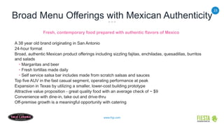 23
www.frgi.com
Broad Menu Offerings with Mexican Authenticity
Fresh, contemporary food prepared with authentic flavors of Mexico
A 38 year old brand originating in San Antonio
24-hour format
Broad, authentic Mexican product offerings including sizzling fajitas, enchiladas, quesadillas, burritos
and salads
• Margaritas and beer
• Fresh tortillas made daily
• Self service salsa bar includes made from scratch salsas and sauces
Top five AUV in the fast casual segment, operating performance at peak
Expansion in Texas by utilizing a smaller, lower-cost building prototype
Attractive value proposition - great quality food with an average check of ~ $9
Convenience with dine-in, take out and drive-thru
Off-premise growth is a meaningful opportunity with catering
 