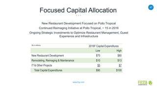 47
www.frgi.com
Focused Capital Allocation
New Restaurant Development Focused on Pollo Tropical
Continued Reimaging Initiative at Pollo Tropical, ~ 15 in 2016
Ongoing Strategic Investments to Optimize Restaurant Management, Guest
Experience and Infrastructure
($s in millions)
2016F Capital Expenditures
Low High
New Restaurant Development $75 $80
Remodeling, Reimaging & Maintenance $10 $13
IT & Other Projects $5 $7
Total Capital Expenditures $90 $100
 