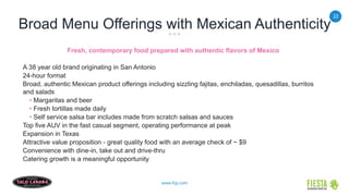 22
www.frgi.com
Broad Menu Offerings with Mexican Authenticity
Fresh, contemporary food prepared with authentic flavors of Mexico
A 38 year old brand originating in San Antonio
24-hour format
Broad, authentic Mexican product offerings including sizzling fajitas, enchiladas, quesadillas, burritos
and salads
• Margaritas and beer
• Fresh tortillas made daily
• Self service salsa bar includes made from scratch salsas and sauces
Top five AUV in the fast casual segment, operating performance at peak
Expansion in Texas
Attractive value proposition - great quality food with an average check of ~ $9
Convenience with dine-in, take out and drive-thru
Catering growth is a meaningful opportunity
 