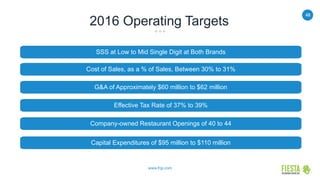 48
www.frgi.com
2016 Operating Targets
Cost of Sales, as a % of Sales, Between 30% to 31%
Effective Tax Rate of 37% to 39%
G&A of Approximately $60 million to $62 million
SSS at Low to Mid Single Digit at Both Brands
Company-owned Restaurant Openings of 40 to 44
Capital Expenditures of $95 million to $110 million
 