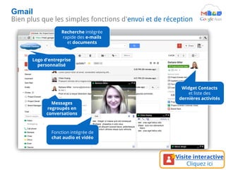 Gmail
Bien plus que les simples fonctions d'envoi et de réception
Visite interactive
Cliquez ici
Recherche intégrée
rapide des e-mails
et documents
Logo d'entreprise
personnalisé
Widget Contacts
et liste des
dernières activités
Messages
regroupés en
conversations
Fonction intégrée de
chat audio et vidéo
 